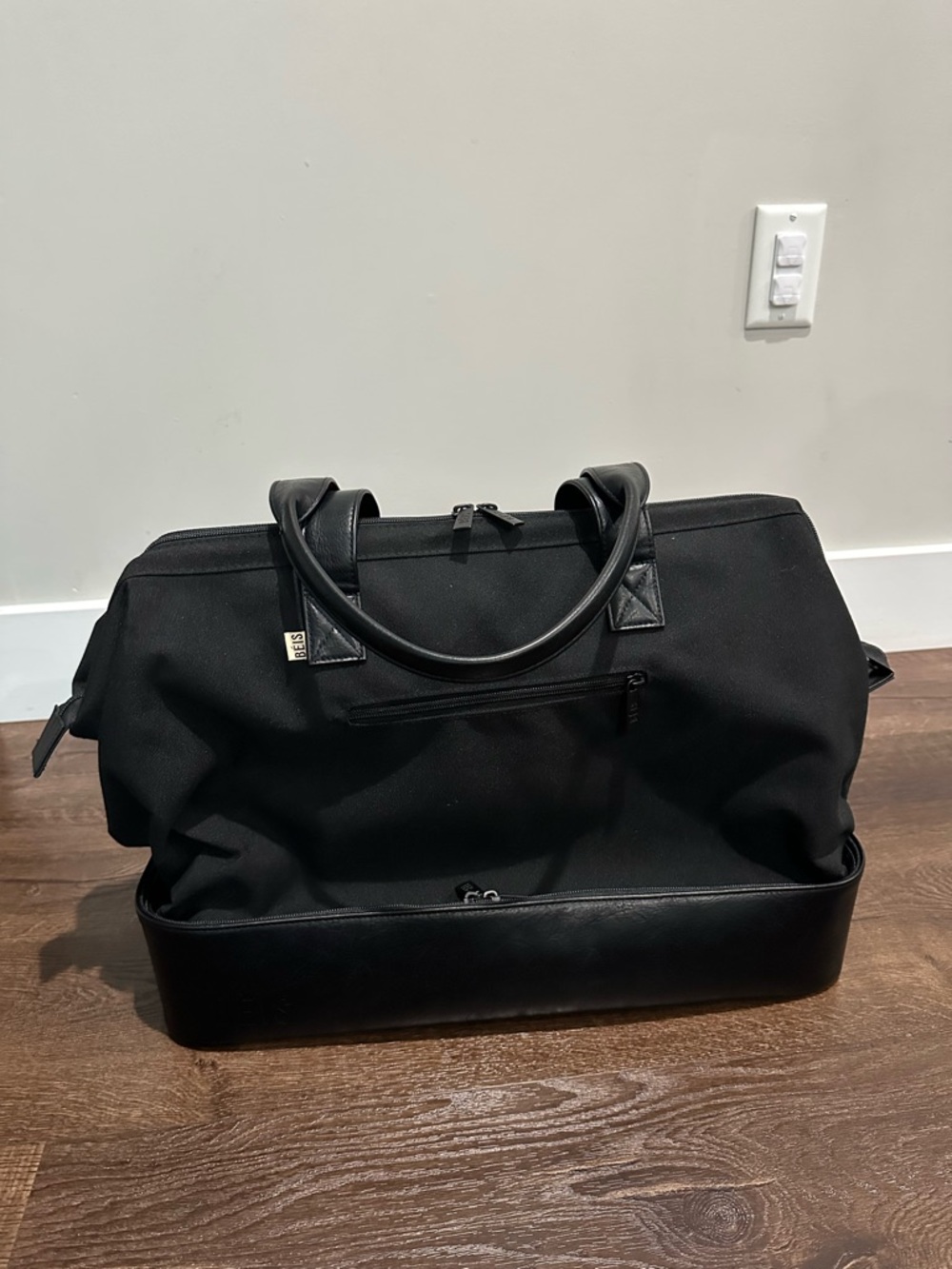 BEIS The Weekender Black Travel Bag with Leather Trim